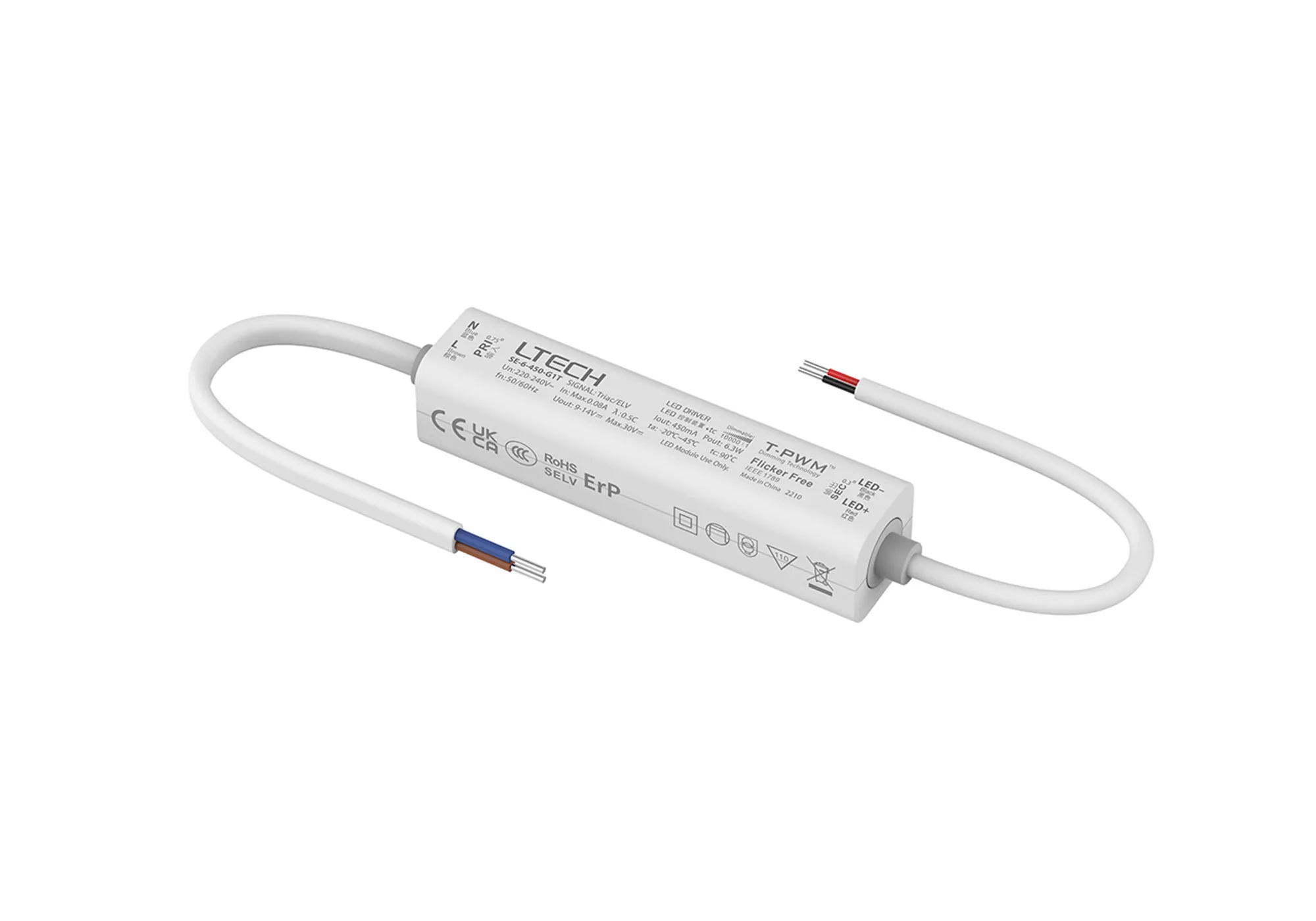 SE-6-450-G1T  Triac/ELV, PWM,6W, C. Current Dimmable Driver, 450mA, DC:9-14Vdc, EFF>70%, IP20, 5yrs Warranty.